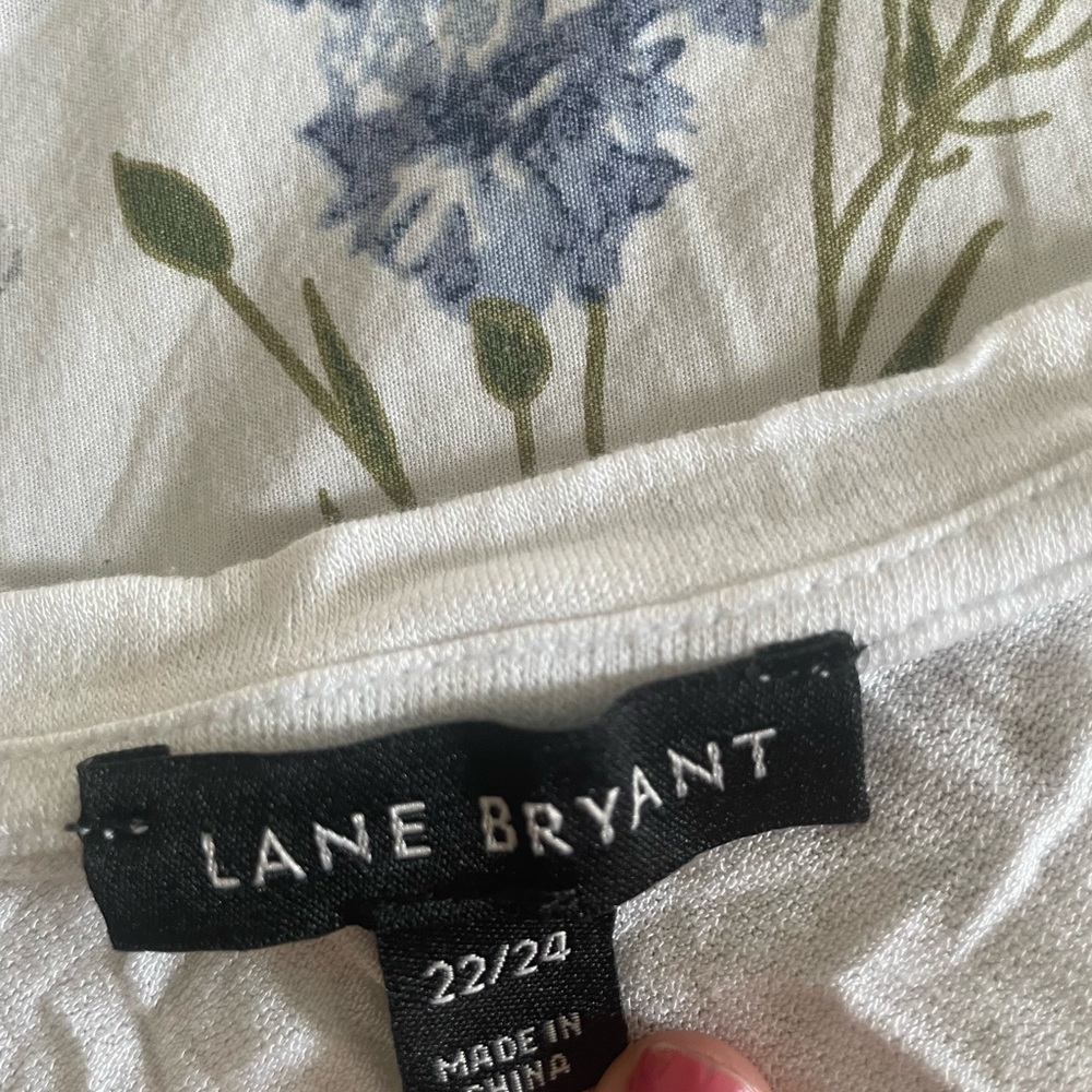 Lane Bryant White Top with Blue and Green Floral Design